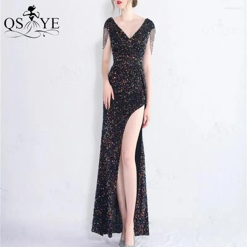 Party Dresses Colorful Black Sequin Prom Open Split Evening Gown Beading Straps Sleeves Backless Women V Neck Formal Dress Chic
