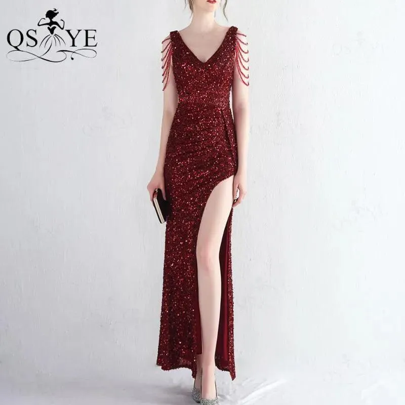 Party Dresses Colorful Black Sequin Prom Open Split Evening Gown Beading Straps Sleeves Backless Women V Neck Formal Dress Chic