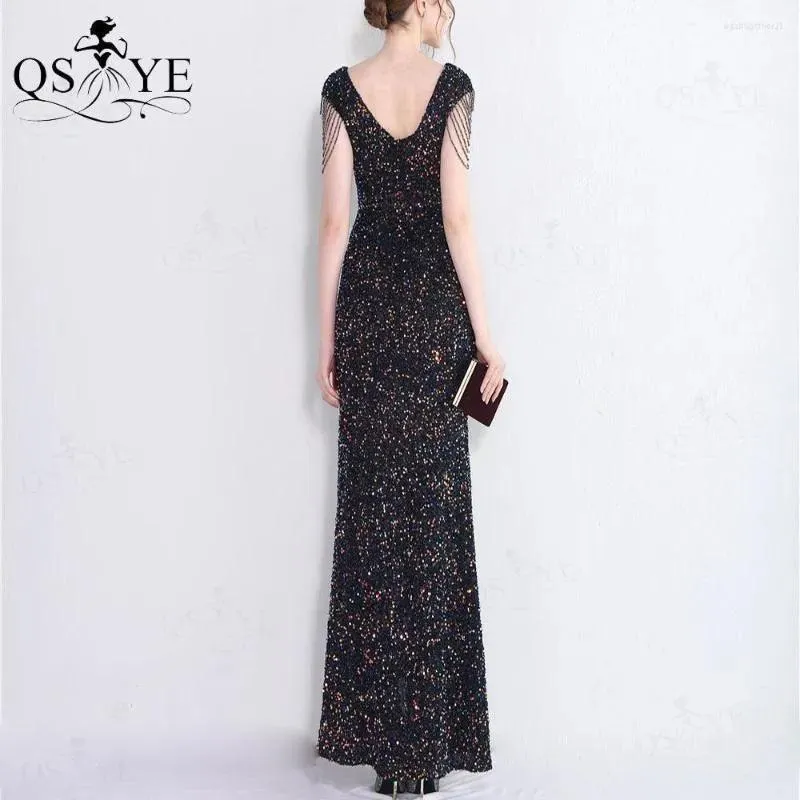 Party Dresses Colorful Black Sequin Prom Open Split Evening Gown Beading Straps Sleeves Backless Women V Neck Formal Dress Chic