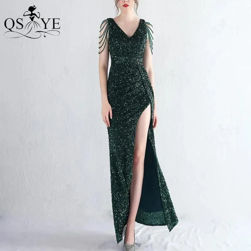 Party Dresses Colorful Black Sequin Prom Open Split Evening Gown Beading Straps Sleeves Backless Women V Neck Formal Dress Chic