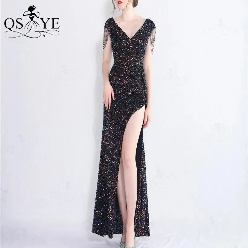 Party Dresses Colorful Black Sequin Prom Open Split Evening Gown Beading Straps Sleeves Backless Women V Neck Formal Dress Chic