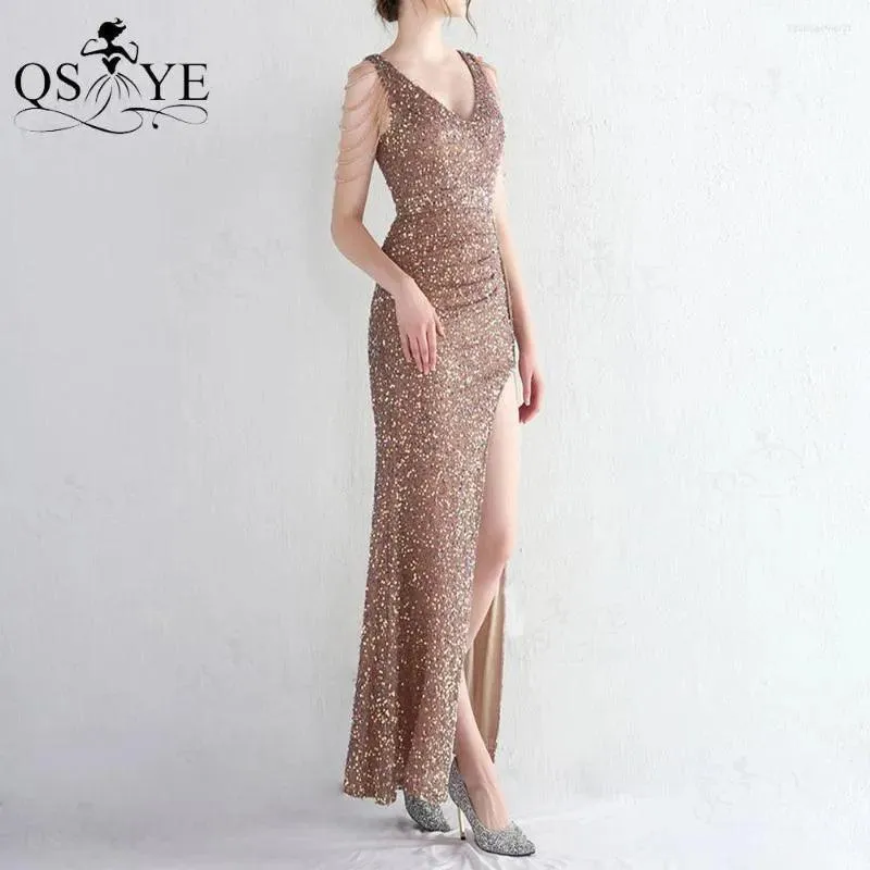 Party Dresses Colorful Black Sequin Prom Open Split Evening Gown Beading Straps Sleeves Backless Women V Neck Formal Dress Chic