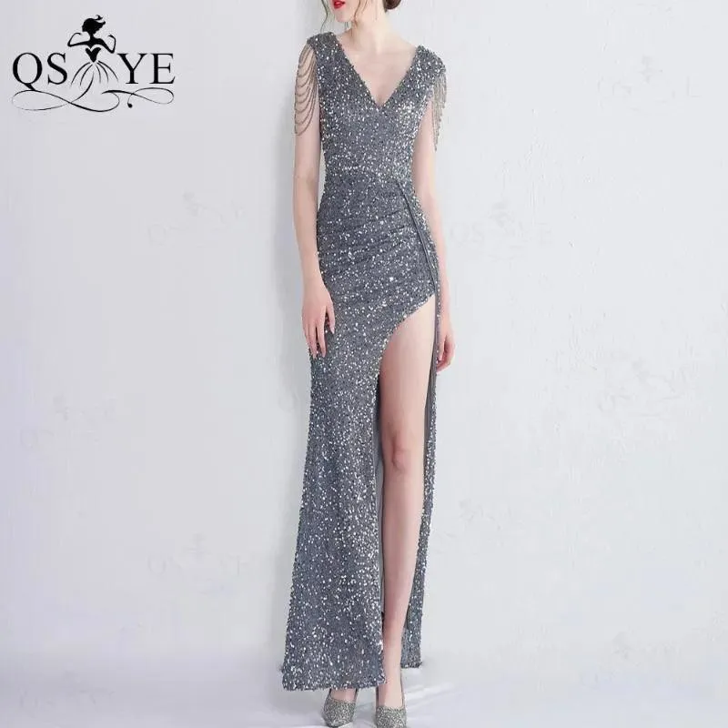 Party Dresses Colorful Black Sequin Prom Open Split Evening Gown Beading Straps Sleeves Backless Women V Neck Formal Dress Chic