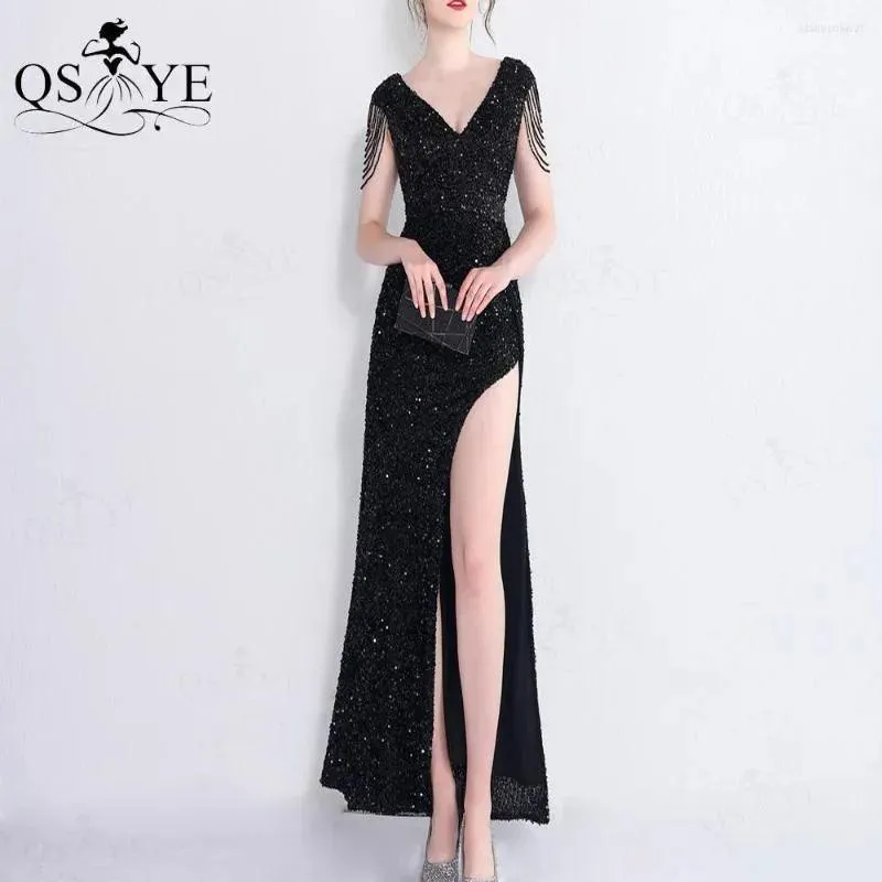 Party Dresses Colorful Black Sequin Prom Open Split Evening Gown Beading Straps Sleeves Backless Women V Neck Formal Dress Chic