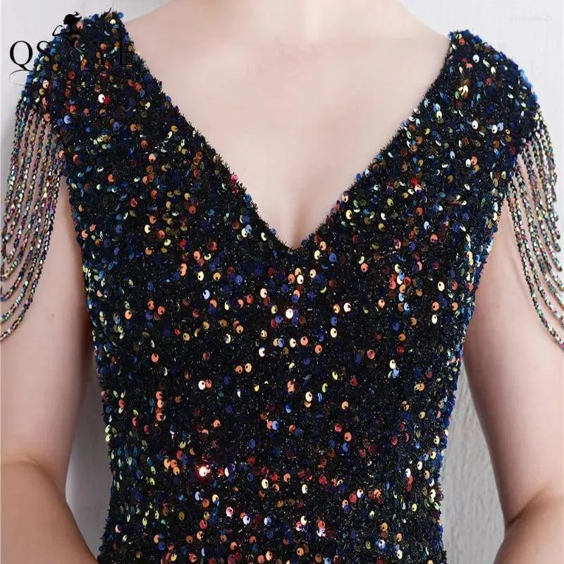 Party Dresses Colorful Black Sequin Prom Open Split Evening Gown Beading Straps Sleeves Backless Women V Neck Formal Dress Chic