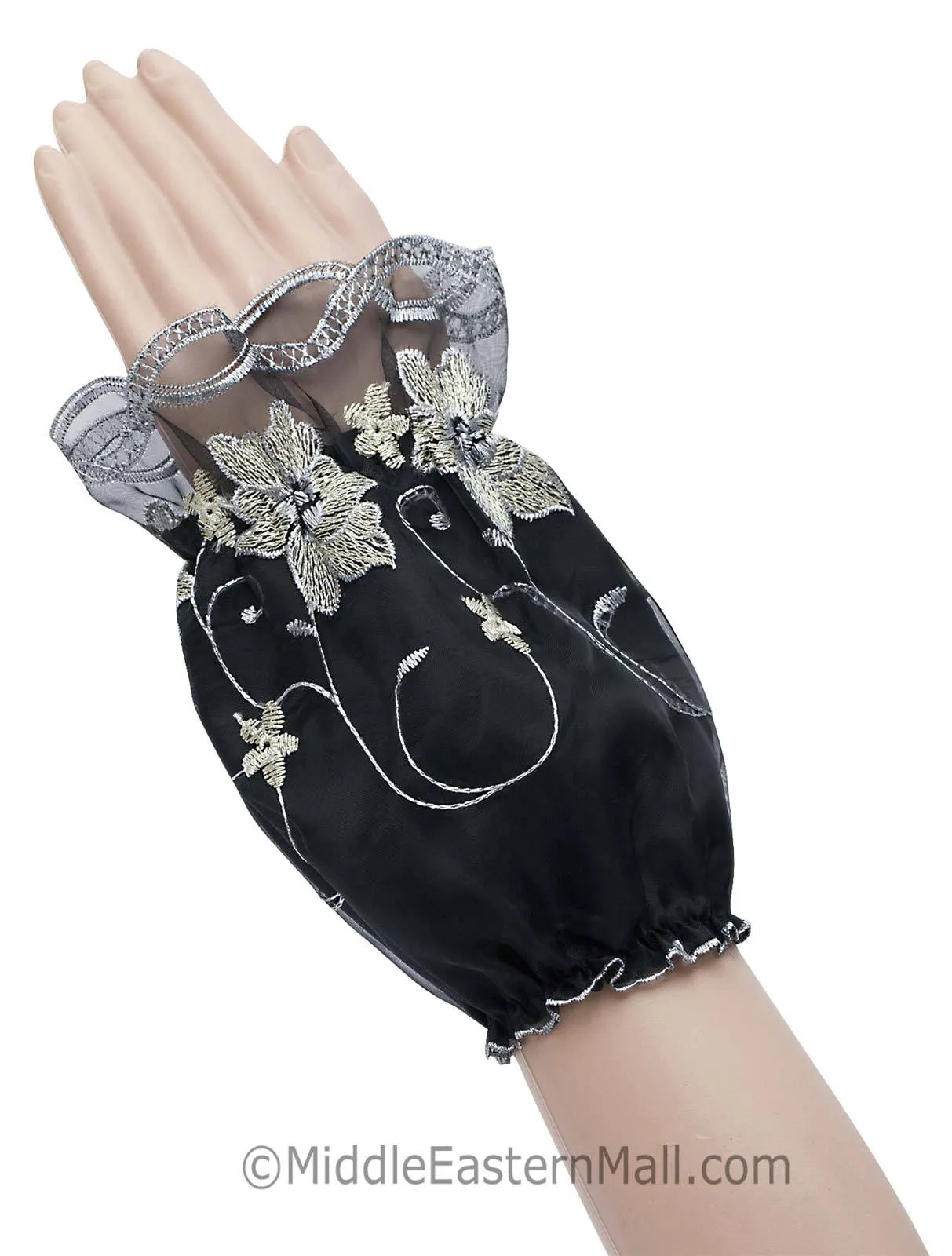 Protect Abaya Arm Sleeve Covers with Floral Embroidery & Lace 1 pair
