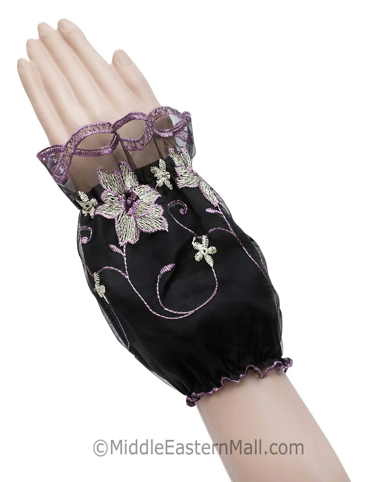 Protect Abaya Arm Sleeve Covers with Floral Embroidery & Lace 1 pair