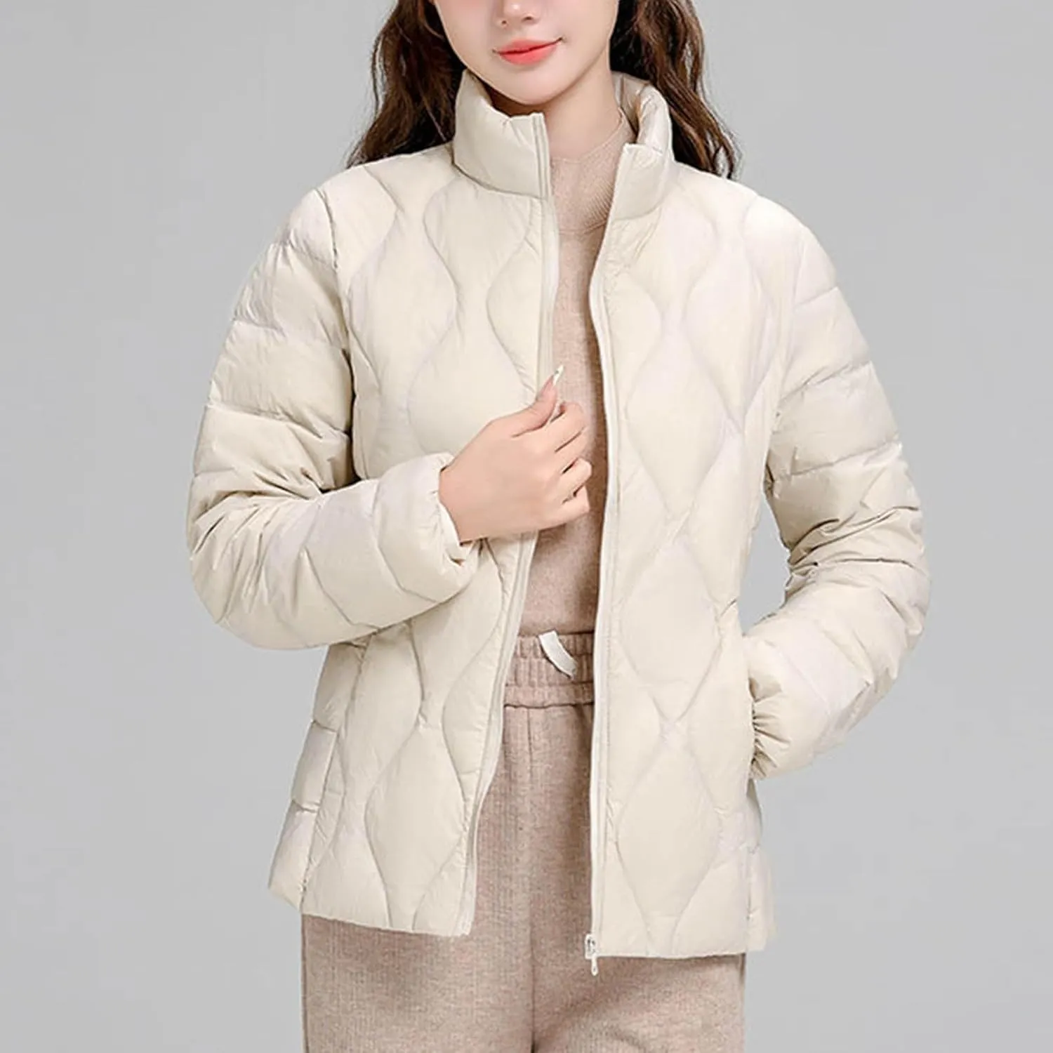 Quilted Lightweight Jacket for Women Plus Size Short Puffer Coats Stand Collar Zip Up Warm Down Jacket Fall Winter