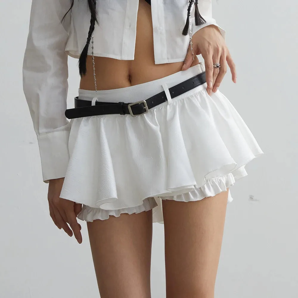 Ruffle Spliced Belt Mini Skirts For Women High Waist  Slimming Streetwear A Line Skirt Female Fashion Clothing