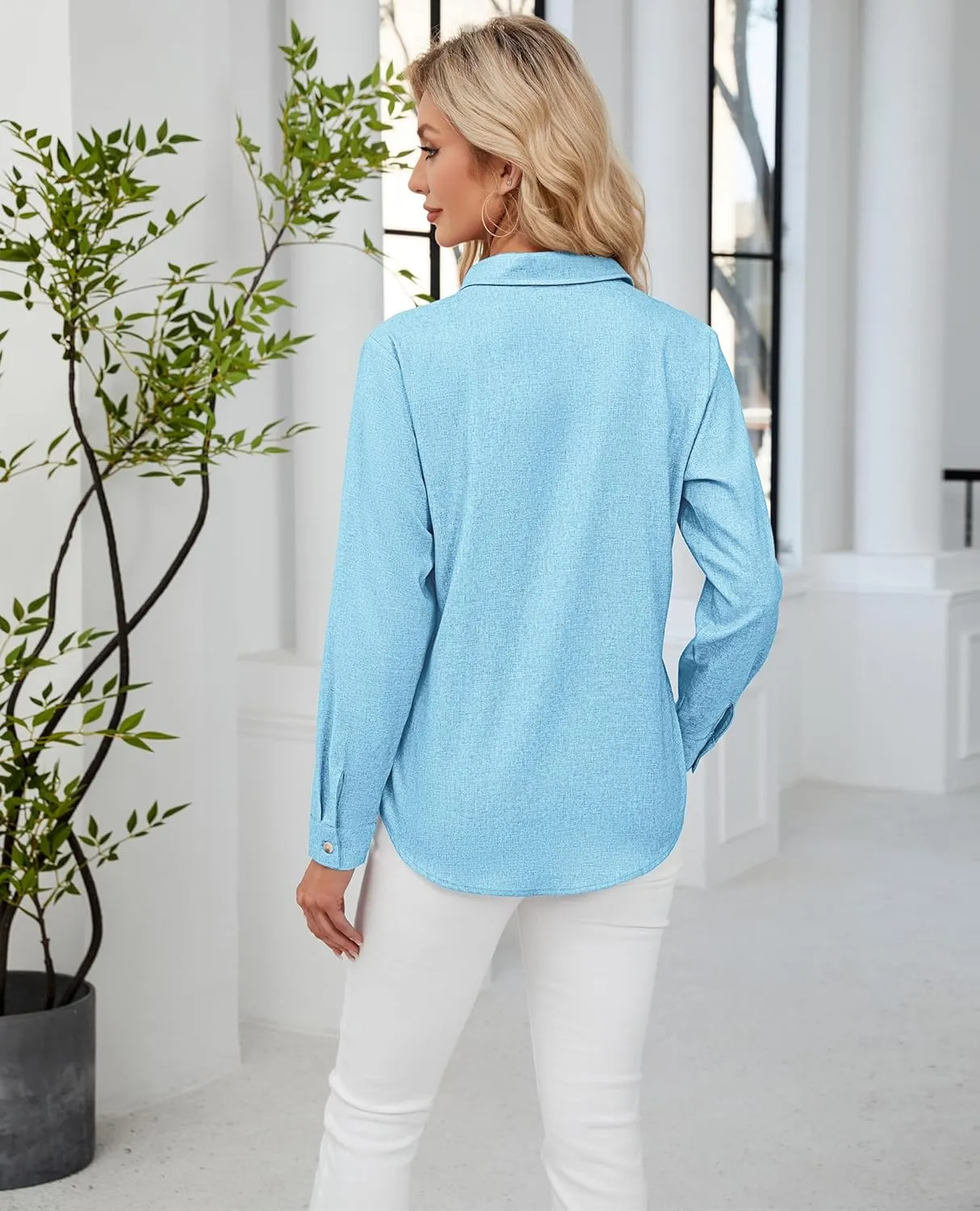 siliteelon Linen Shirts for Women Button Down Shirts Wrinkle Free Long Sleeve Dress Shirts Cotton Work Office Blouse Tops