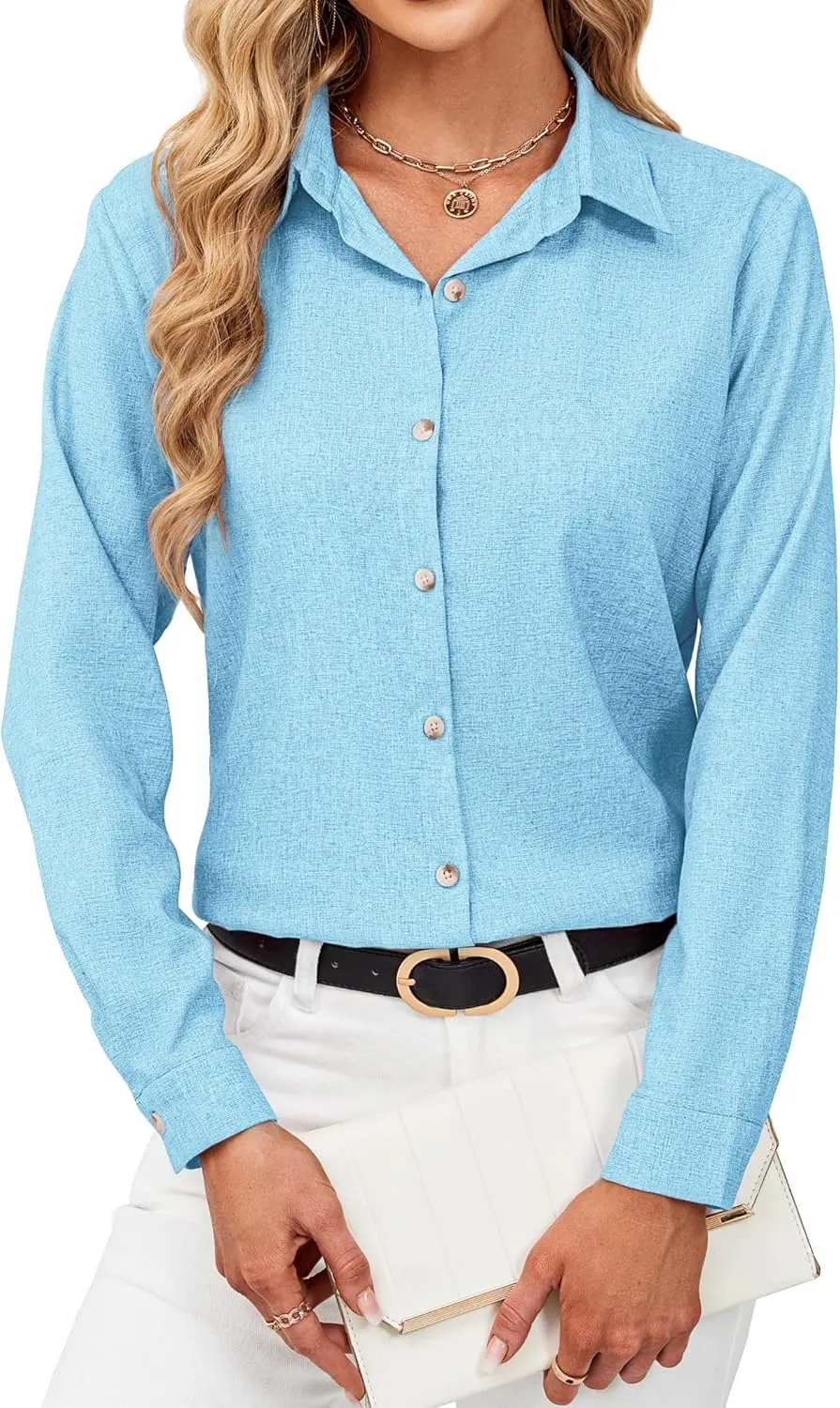 siliteelon Linen Shirts for Women Button Down Shirts Wrinkle Free Long Sleeve Dress Shirts Cotton Work Office Blouse Tops