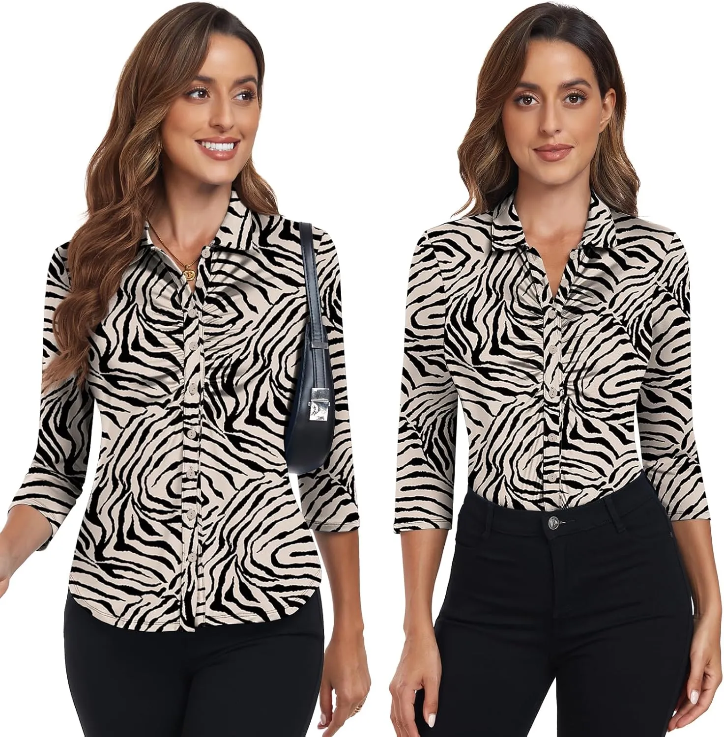 Soneven Women's 3/4 Sleeve Golf Polo Shirts V Neck Ruffle Sleeve Dressy Tops Casual Work Tunic Blouses