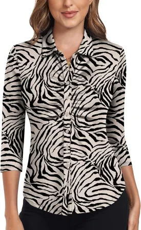 Soneven Women's 3/4 Sleeve Golf Polo Shirts V Neck Ruffle Sleeve Dressy Tops Casual Work Tunic Blouses