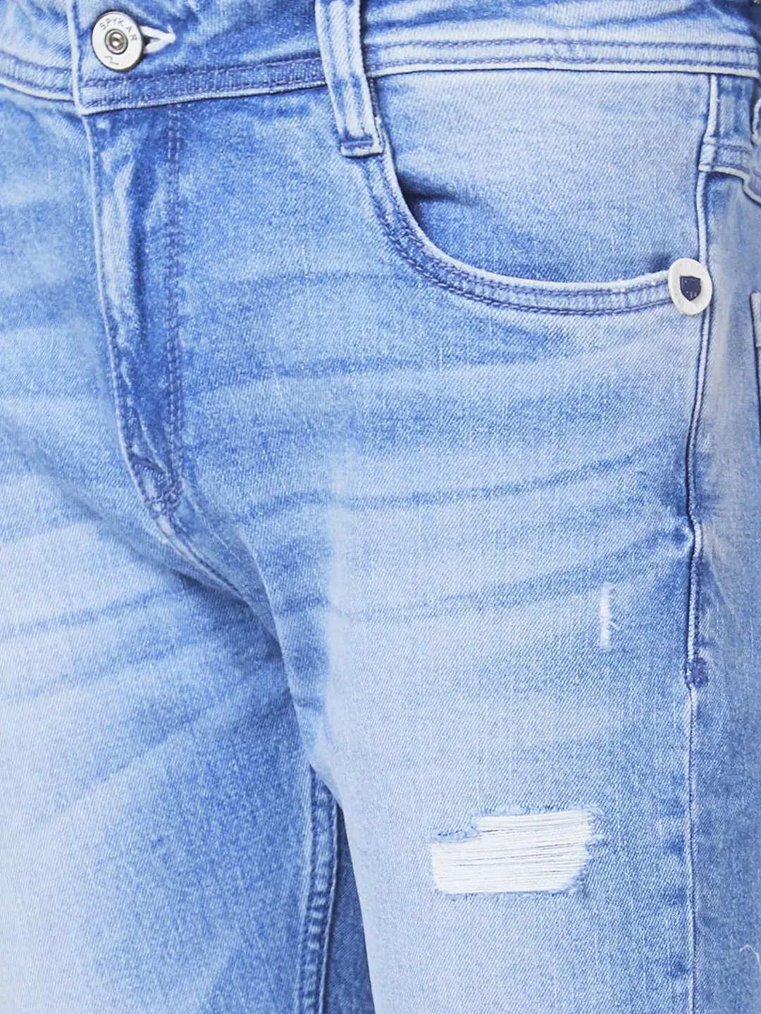Spykar Men Light Blue Cotton Slim Fit Tapered Length Mild Distressed Mid Rise Jeans (Kano)