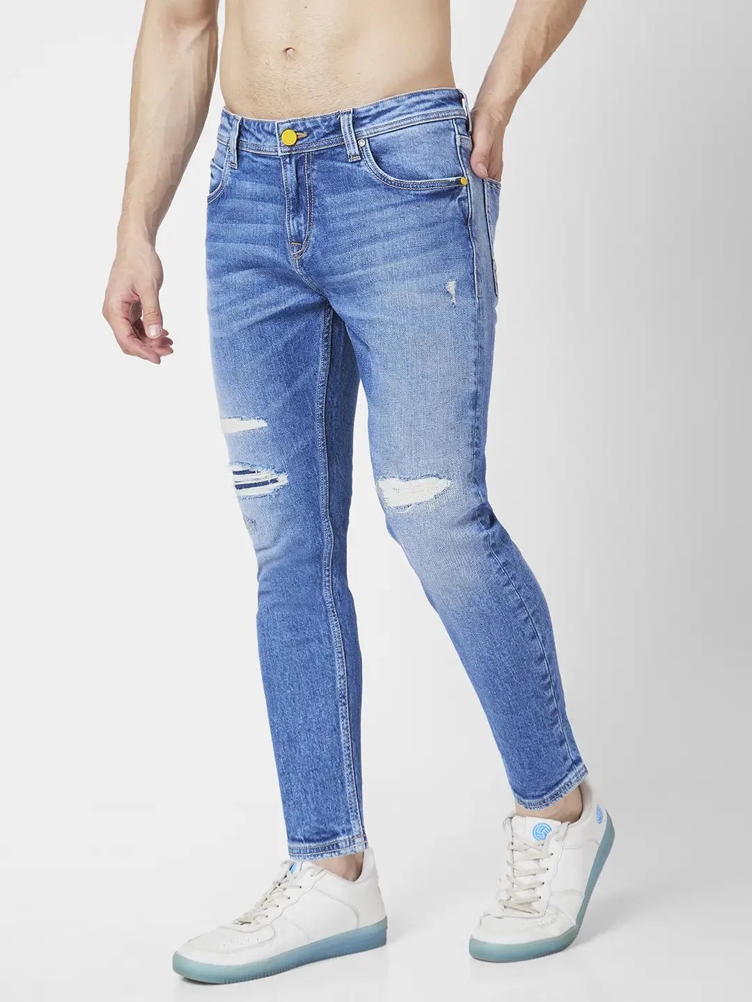 Spykar Men Mid Blue Cotton Slim Fit Tapered Length Mild Distressed Mid Rise Jeans (Kano)