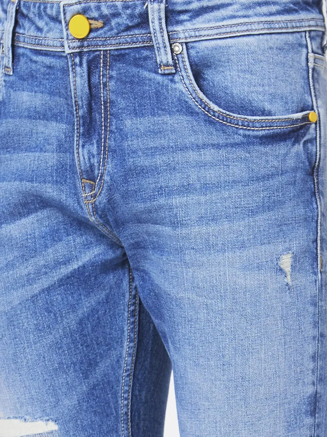Spykar Men Mid Blue Cotton Slim Fit Tapered Length Mild Distressed Mid Rise Jeans (Kano)
