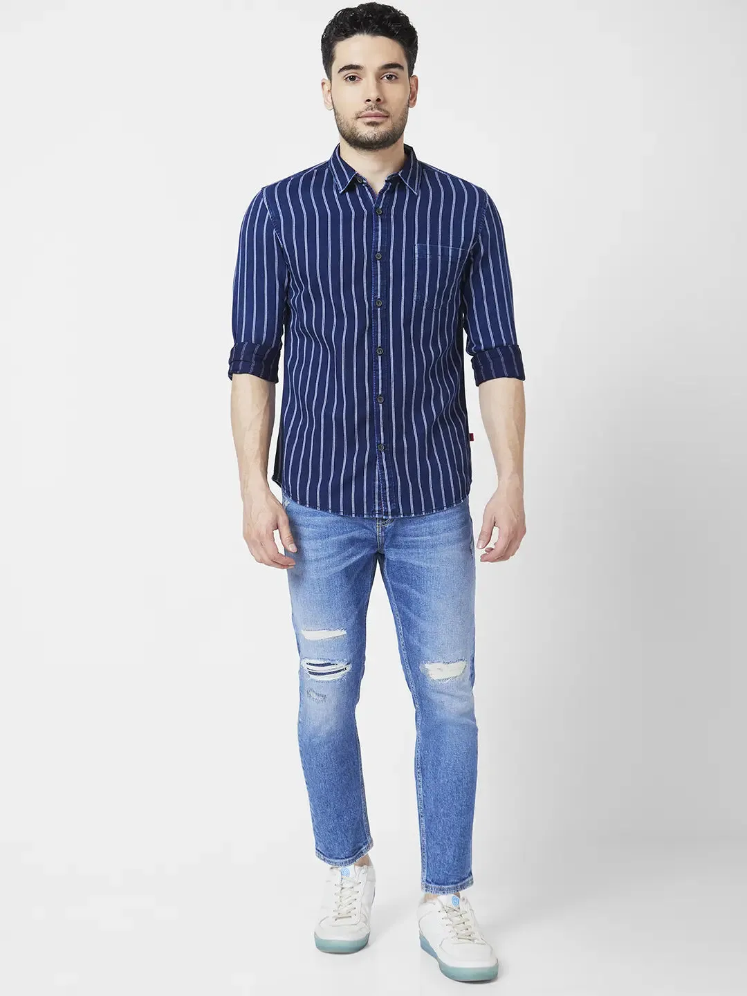 Spykar Men Mid Blue Cotton Slim Fit Tapered Length Mild Distressed Mid Rise Jeans (Kano)