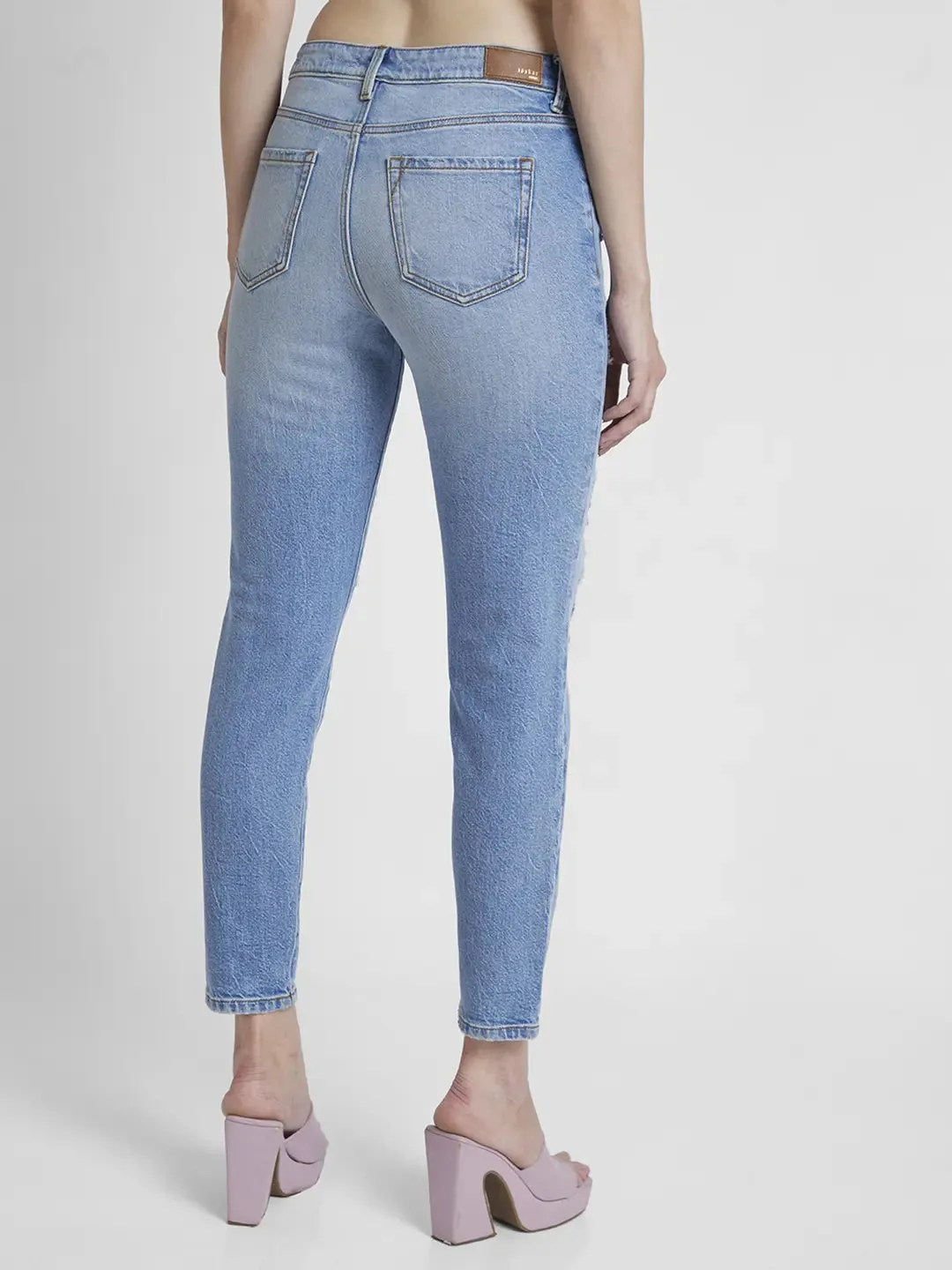 Spykar Women Light Blue Cotton Mom Fit Ankle Length Mild Distressed Jeans -(Amora)