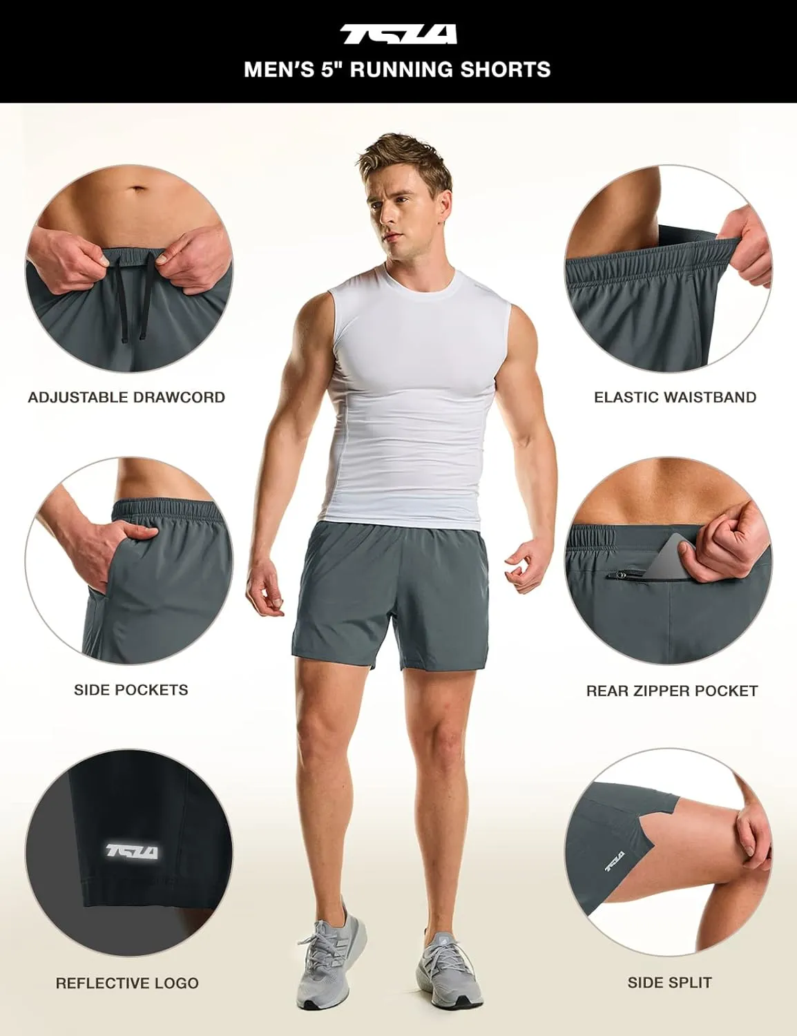 TSLA Men's Active Running Shorts, Training Exercise Workout Shorts, Quick Dry Gym Athletic Performance Shorts with Pockets