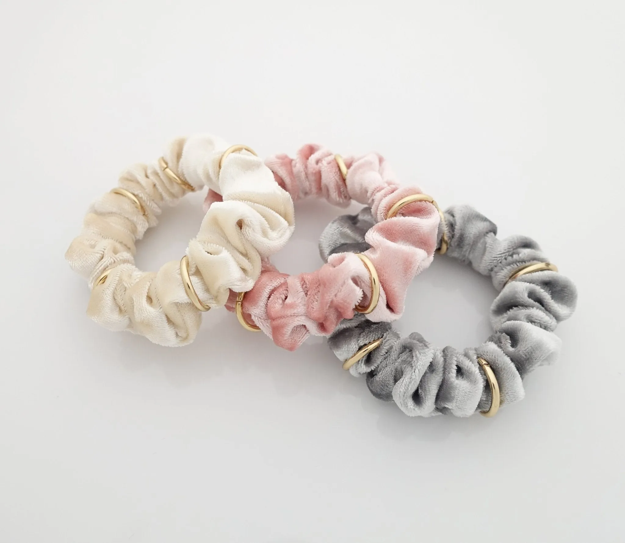 velvet scrunchies pack A set of 3 golden ring decorated mini thin scrunchies pack