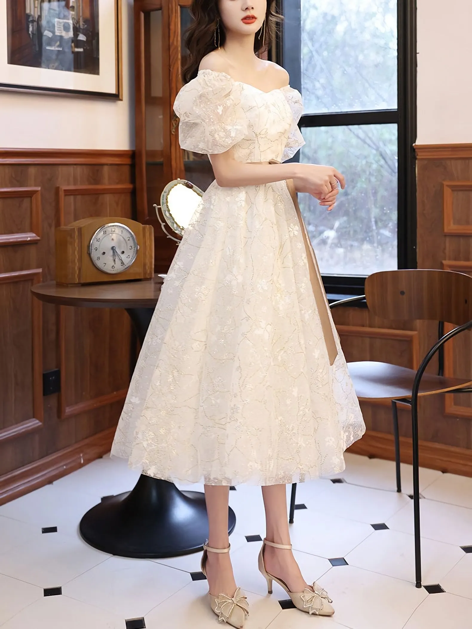 White A Line Lace Tulle Short Prom Dress White Homecoming Dress