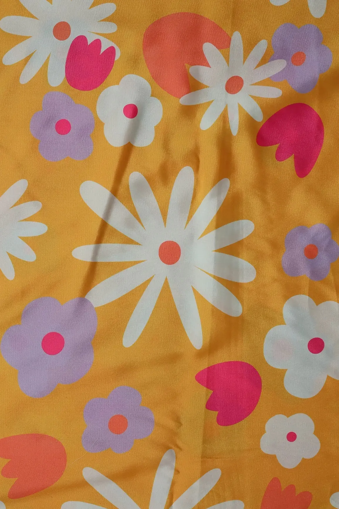 White And Yellow Beautiful Floral Pattern Digital Print On French Crepe Fabric