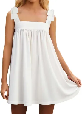 Women Floral Tie Shoulder Mini Dress Summer Cute Square Neck Loose Beach Short Dress Backless Boho Vocation Sundress
