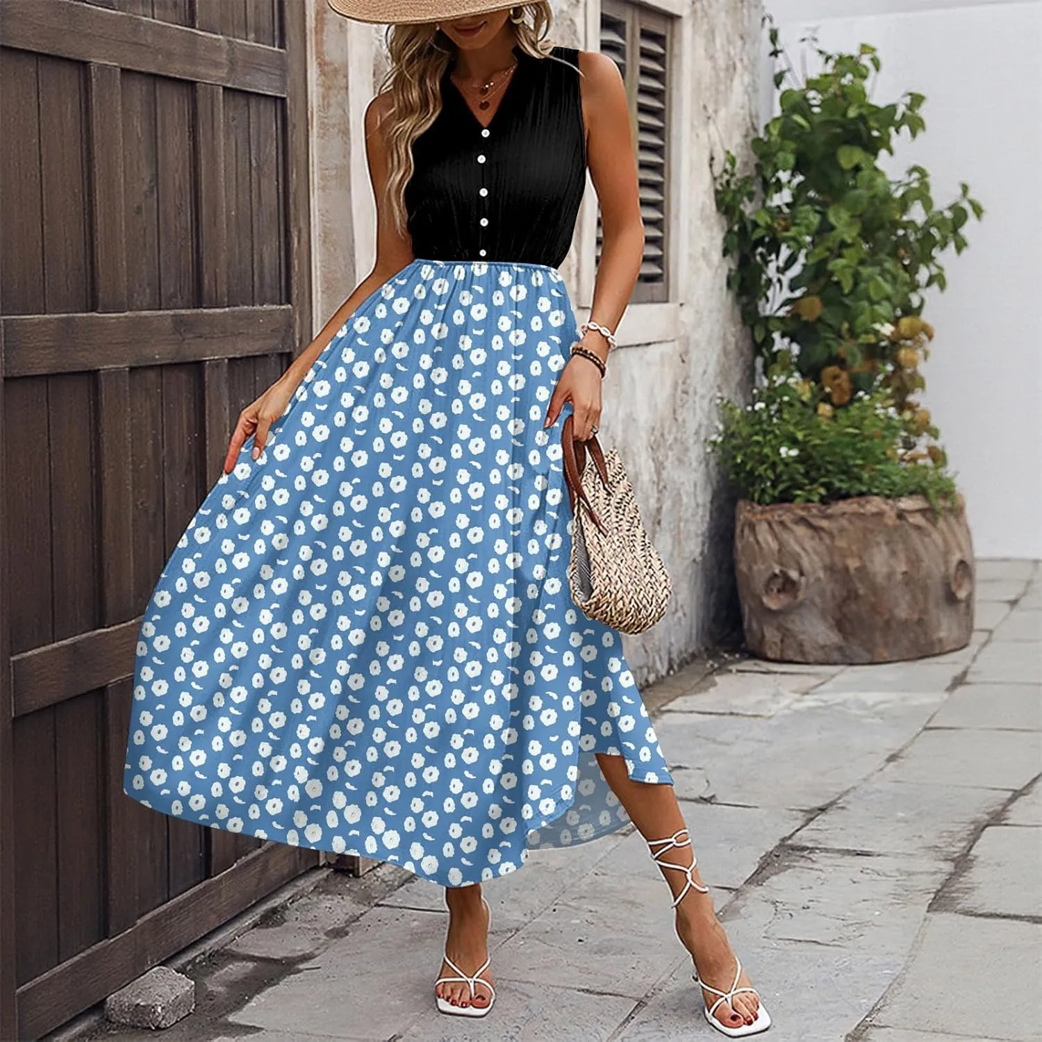 Women Summer Sleeveless Dresses 2025 V Neck Patchwork Boho Floral Ruffle Cocktail Party Midi Dress