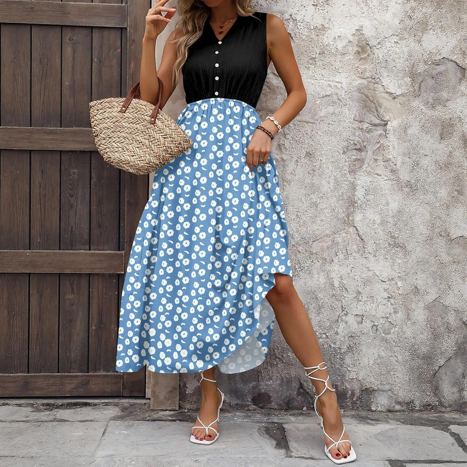 Women Summer Sleeveless Dresses 2025 V Neck Patchwork Boho Floral Ruffle Cocktail Party Midi Dress