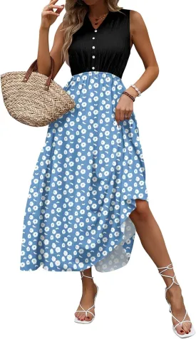 Women Summer Sleeveless Dresses 2025 V Neck Patchwork Boho Floral Ruffle Cocktail Party Midi Dress