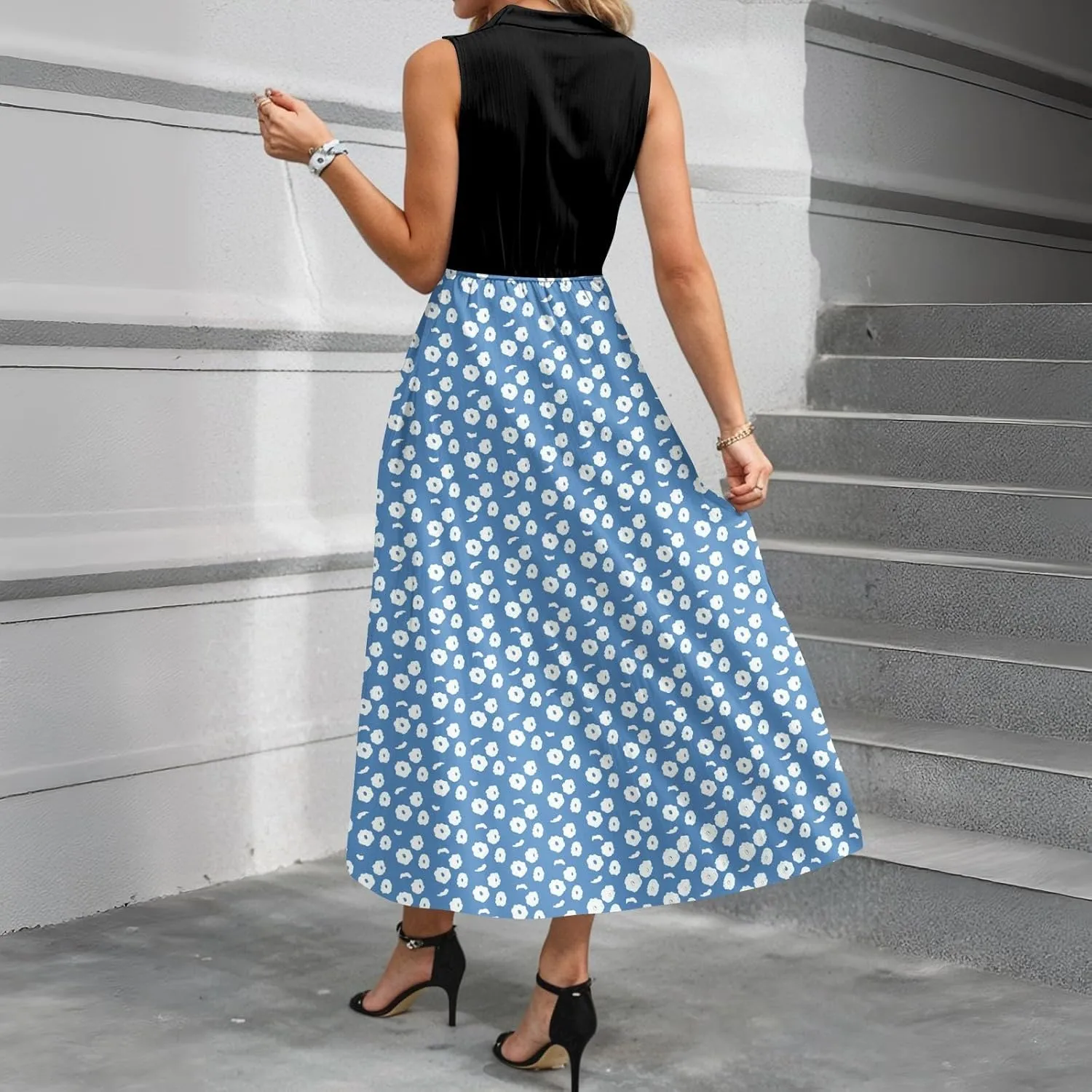 Women Summer Sleeveless Dresses 2025 V Neck Patchwork Boho Floral Ruffle Cocktail Party Midi Dress