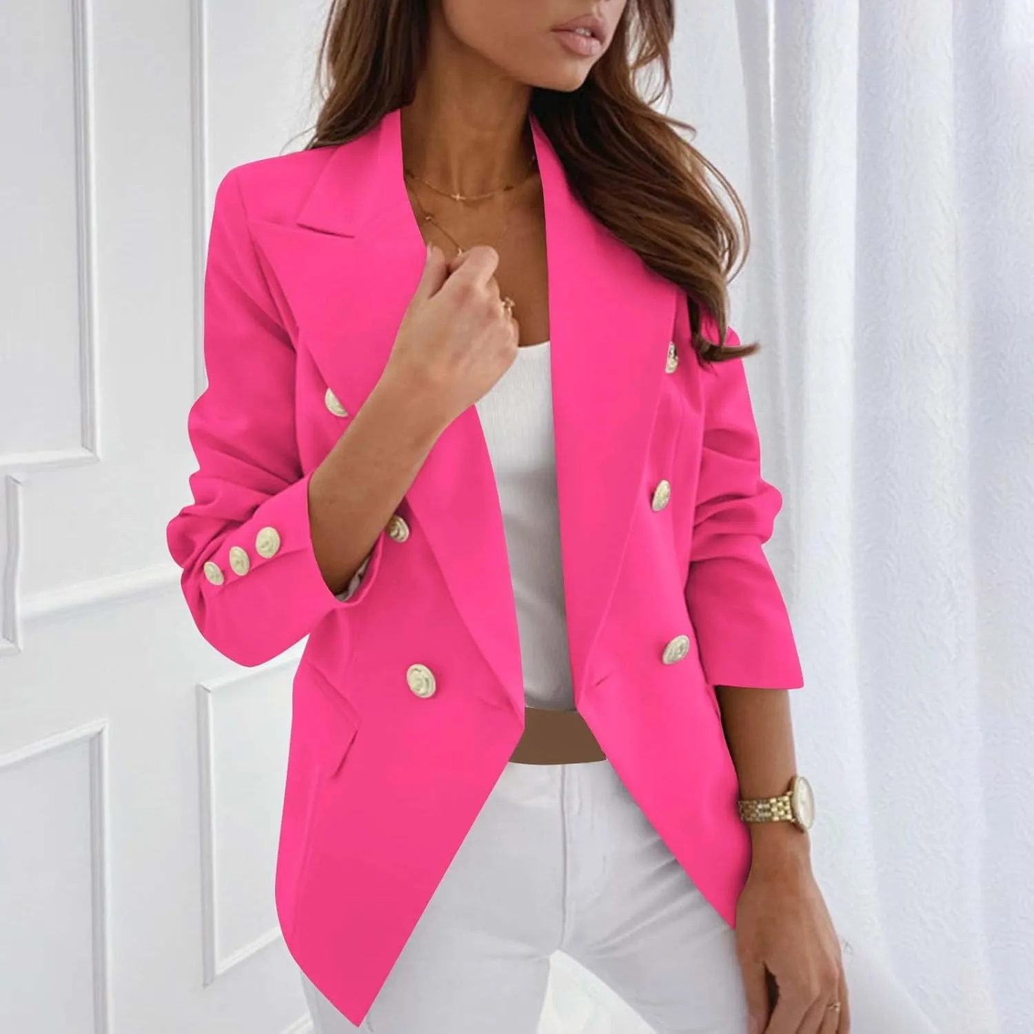 Womens Blazer Lapel Collar Open Front Suit Top Fashion Double Breasted Solid Pea Coat Business Work Office Jackets
