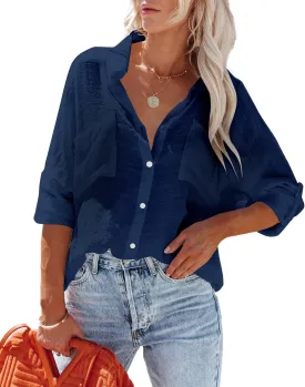 Womens Button Down Shirts Cotton Roll-up Long Sleeve Blouses Top with Pockets V Neck Casual Solid Tunics