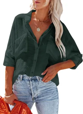 Womens Button Down Shirts Cotton Roll-up Long Sleeve Blouses Top with Pockets V Neck Casual Solid Tunics