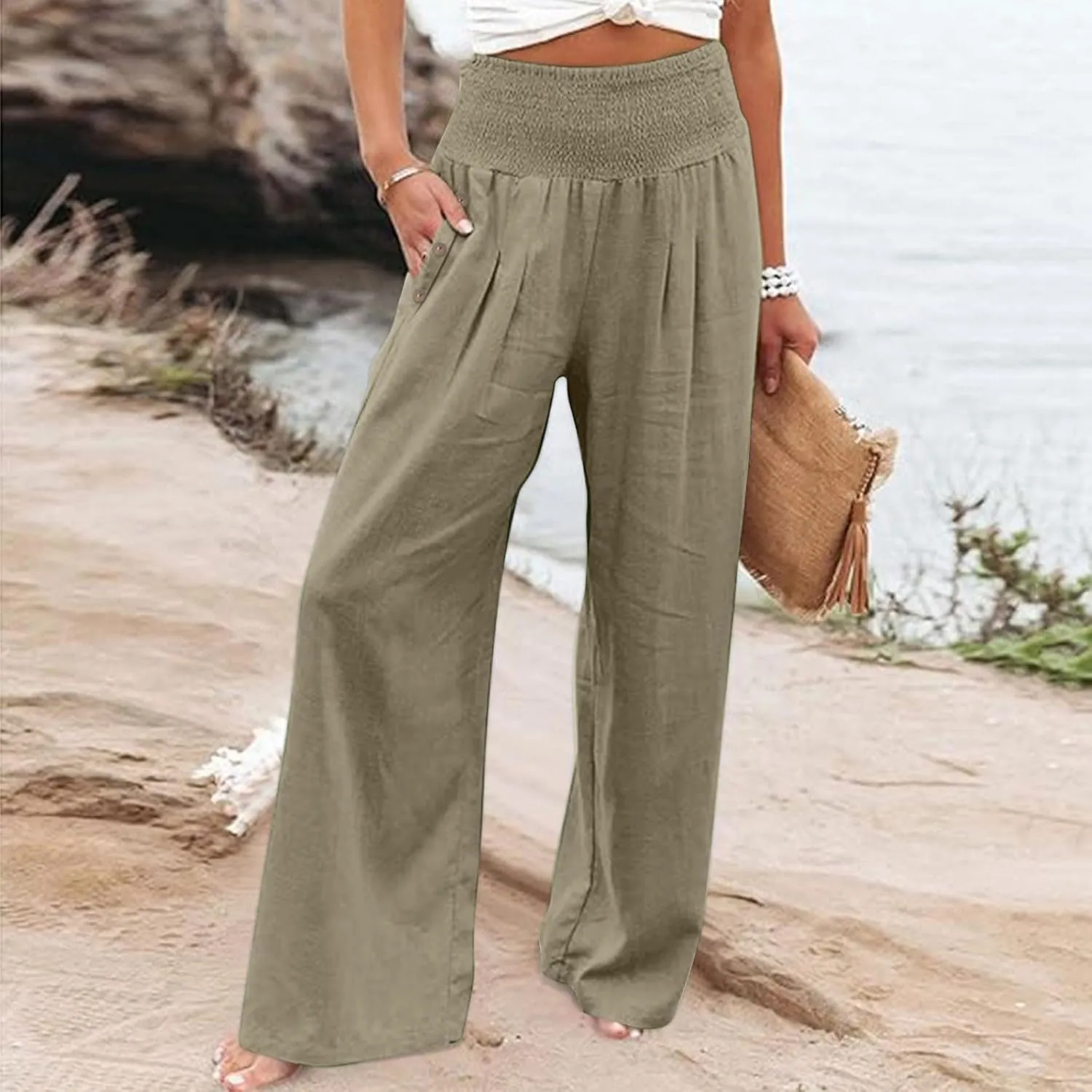 Women's Fashion Loose Casual Buttoned Wide Leg Dressy Loose Fit Pants