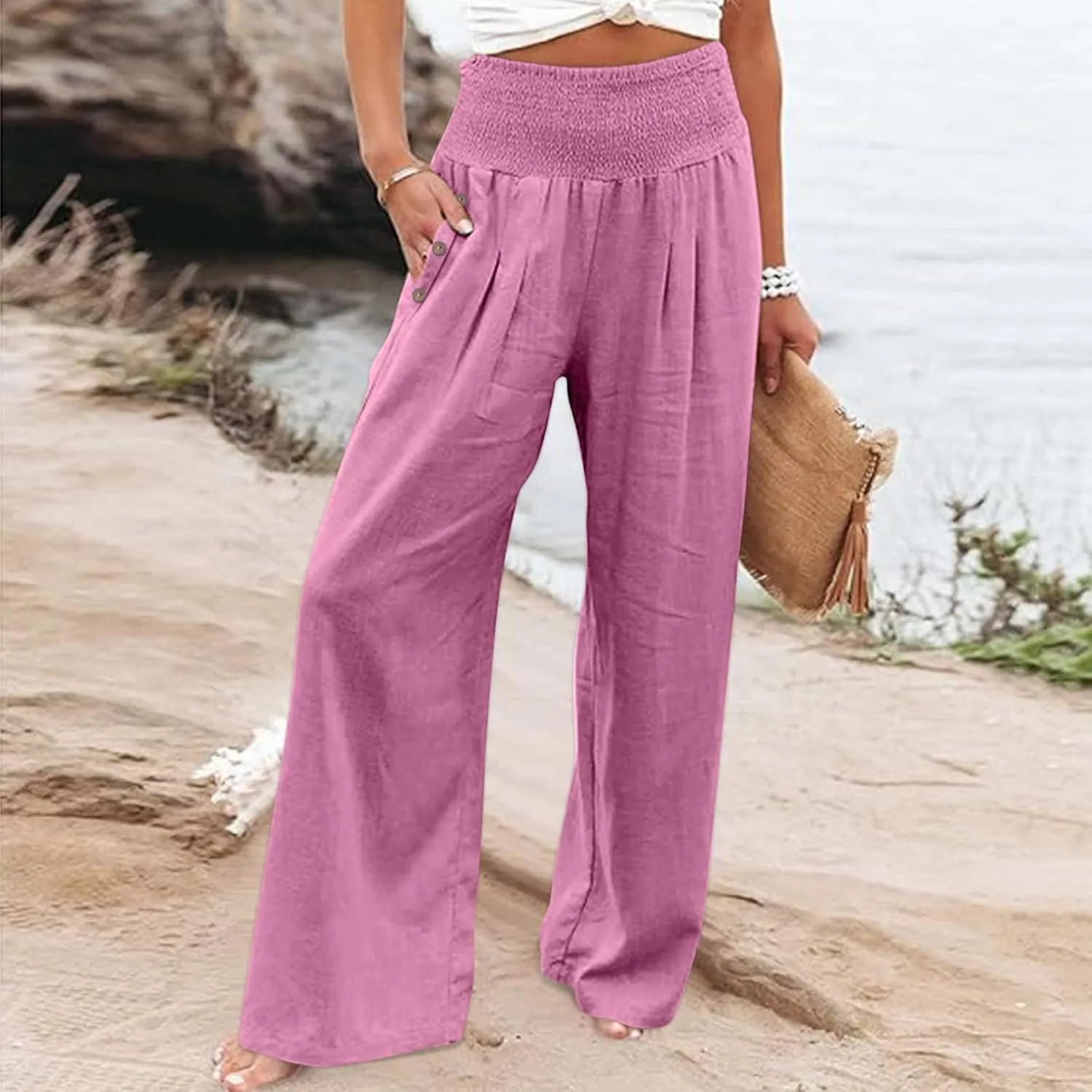 Women's Fashion Loose Casual Buttoned Wide Leg Dressy Loose Fit Pants