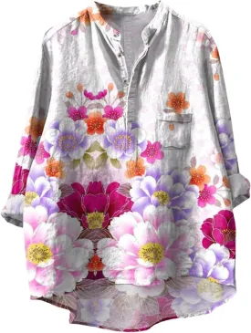 Womens Fish Print Blouses Casual Flowy Shirts Loose 3/4 Length Sleeve Floral Tops V-Neck Vintage Linen Art Outfits