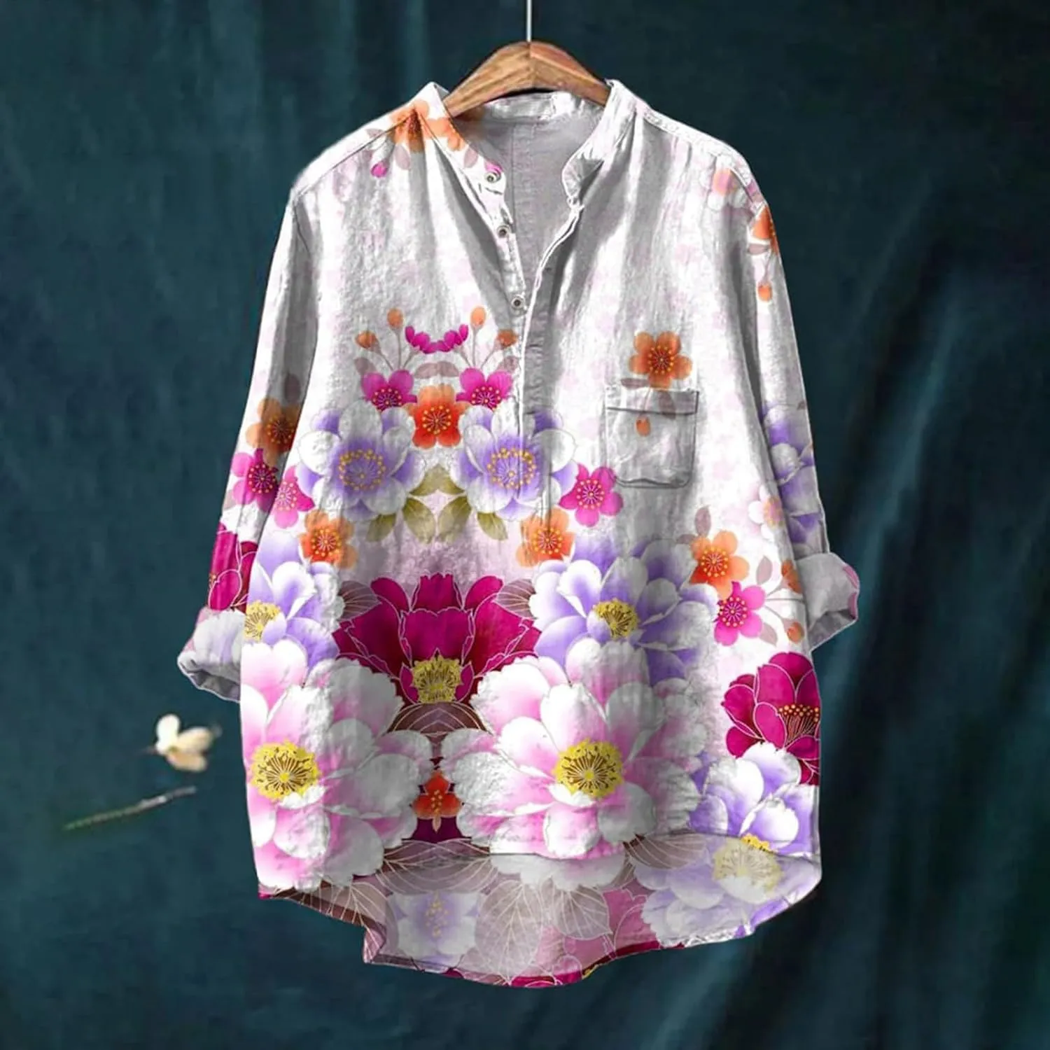 Womens Fish Print Blouses Casual Flowy Shirts Loose 3/4 Length Sleeve Floral Tops V-Neck Vintage Linen Art Outfits