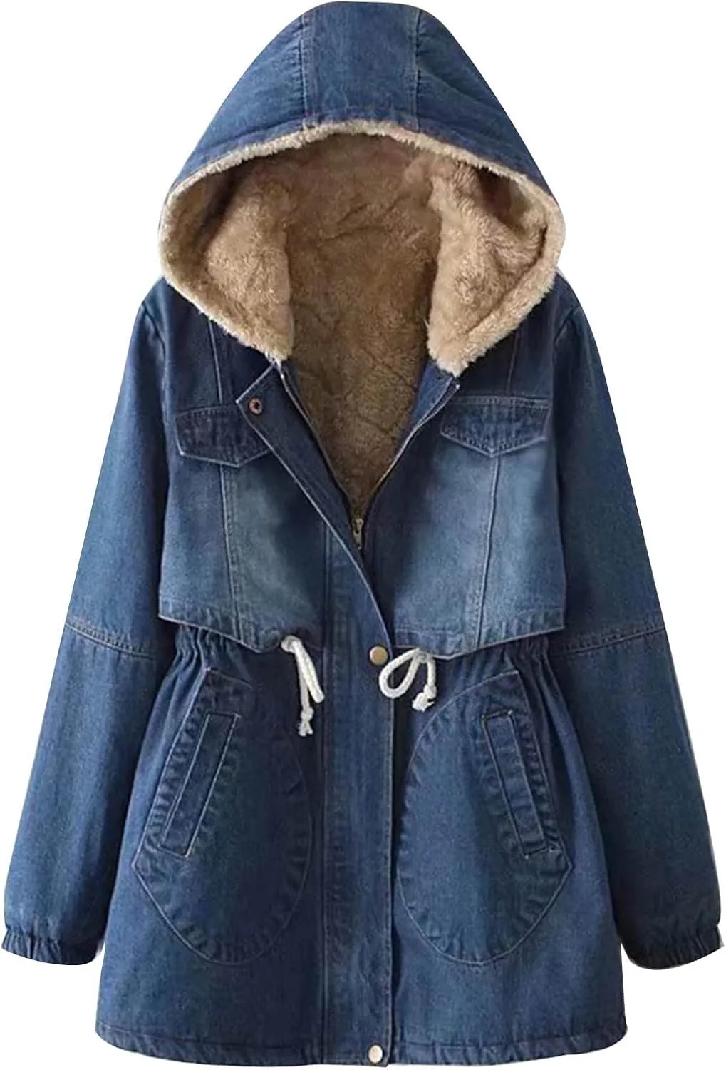 Womens Fleece Lined Denim Jacket Oversized Winter Coats Thicken Vintage Sherpa Jackets Parka Jeans Jacket with Pockets