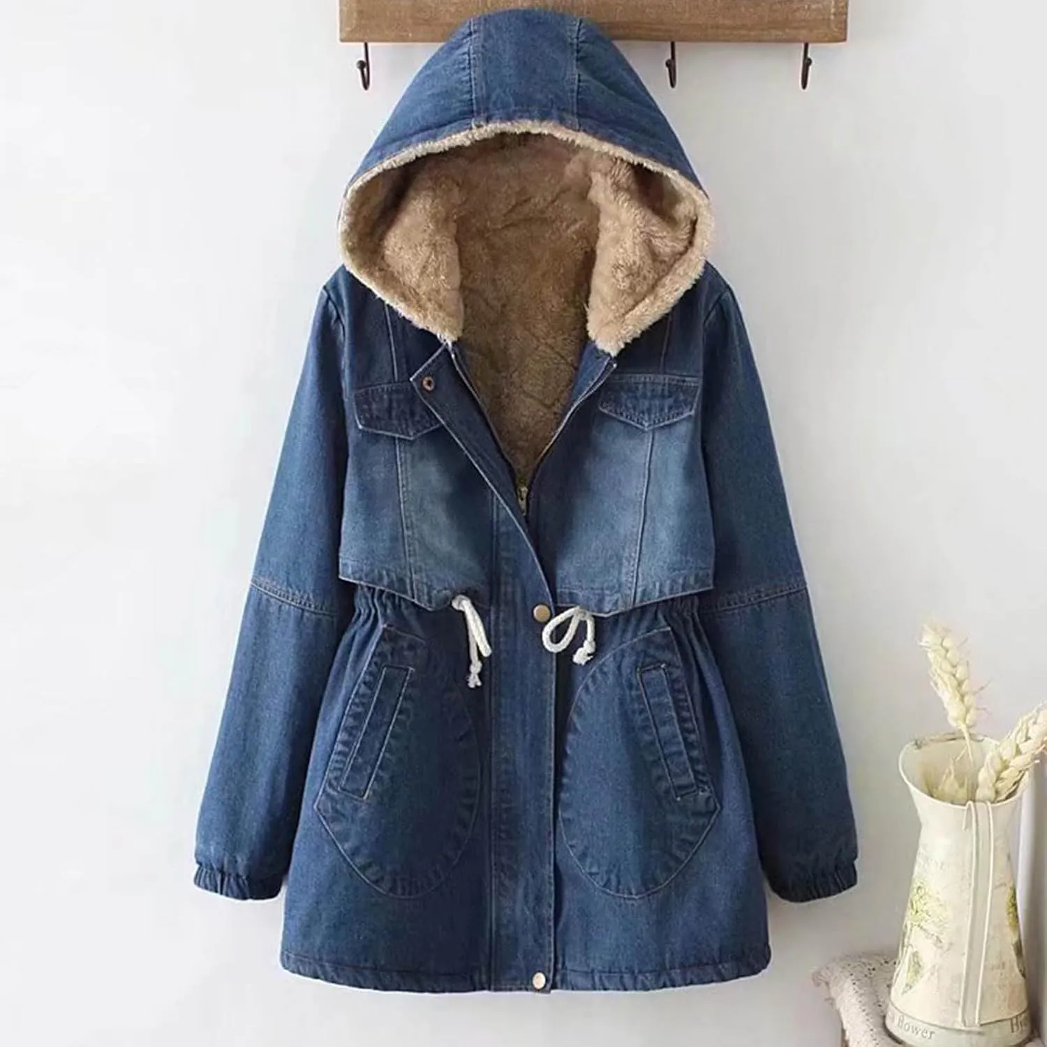 Womens Fleece Lined Denim Jacket Oversized Winter Coats Thicken Vintage Sherpa Jackets Parka Jeans Jacket with Pockets