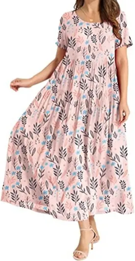 Women's Floral Maxi Dresses Boho Short Sleeve Crewneck Summer Casual Long Dress Flowy Beach Vacation Travel Dresses