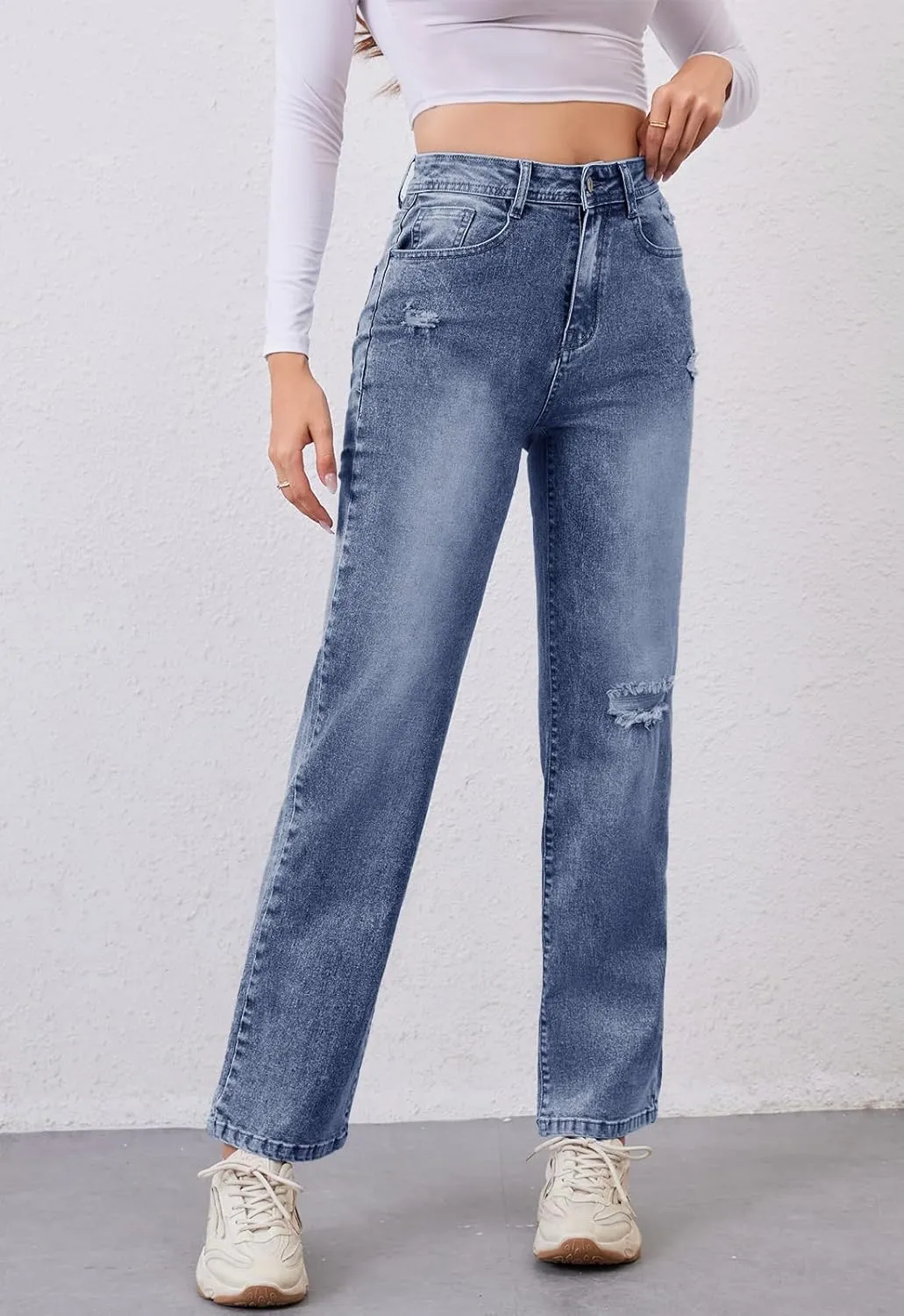 Women's High Waist Jeans Straight Leg Jeans Casual Distressed Stretchy Denim Pants with Pockets
