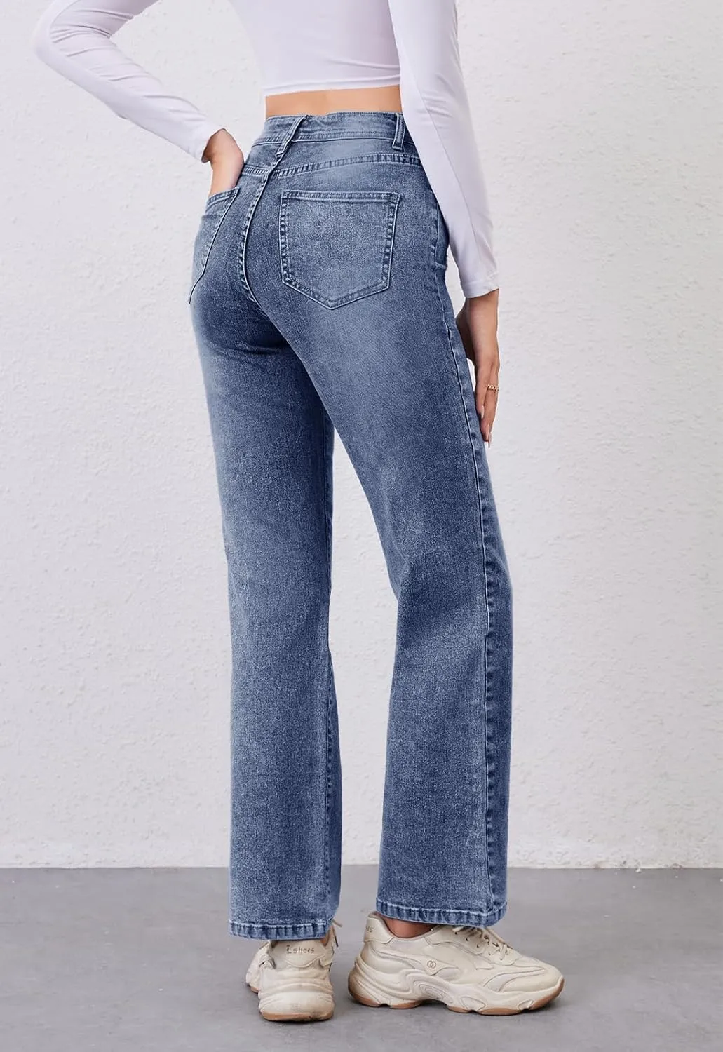 Women's High Waist Jeans Straight Leg Jeans Casual Distressed Stretchy Denim Pants with Pockets
