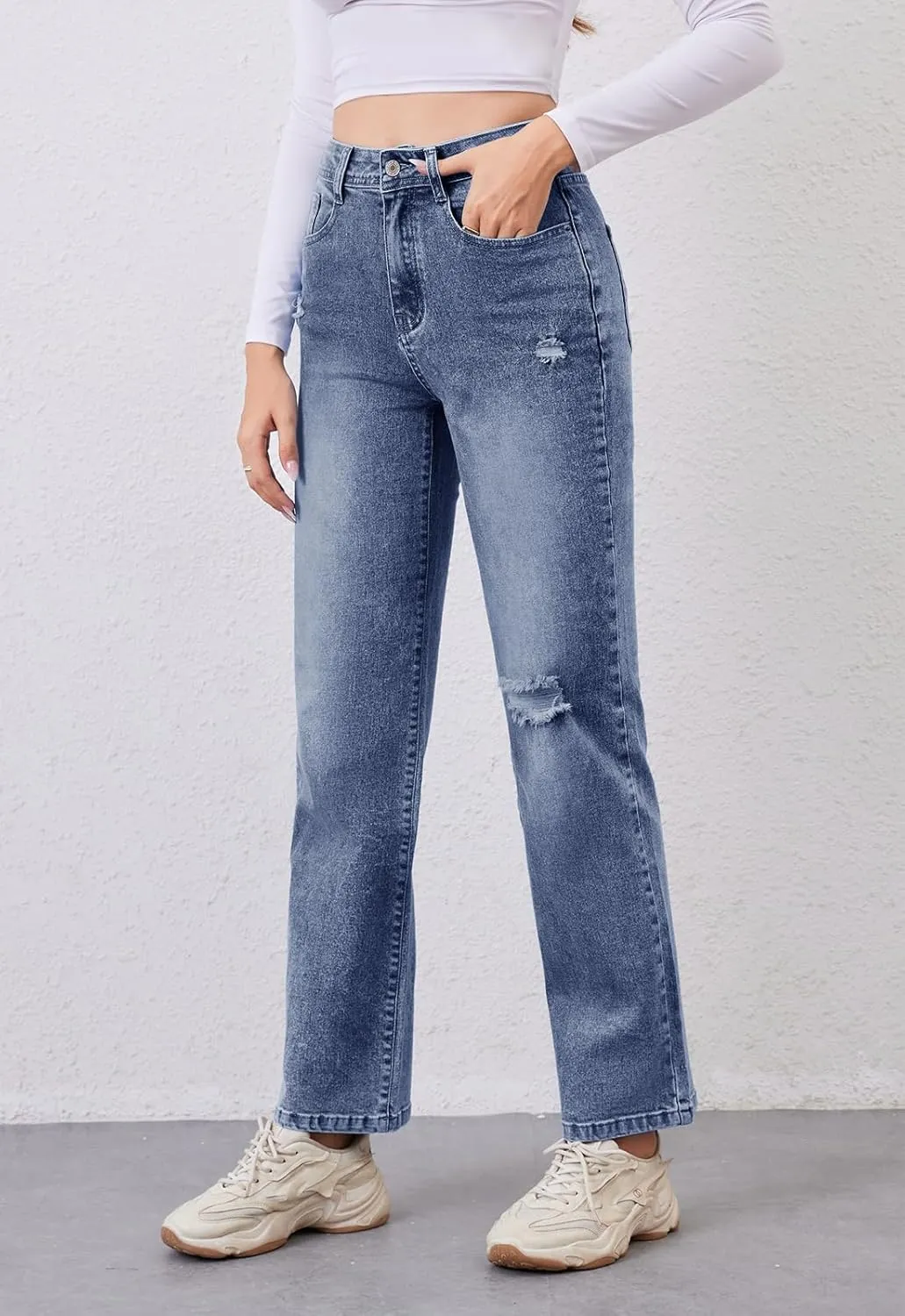 Women's High Waist Jeans Straight Leg Jeans Casual Distressed Stretchy Denim Pants with Pockets