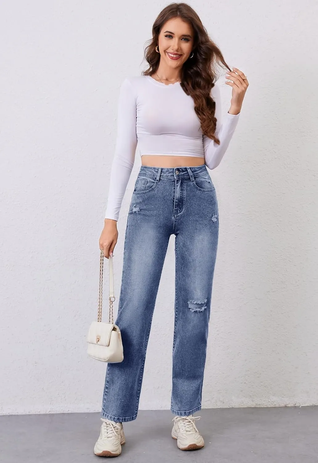 Women's High Waist Jeans Straight Leg Jeans Casual Distressed Stretchy Denim Pants with Pockets