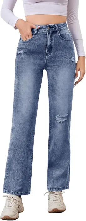 Women's High Waist Jeans Straight Leg Jeans Casual Distressed Stretchy Denim Pants with Pockets