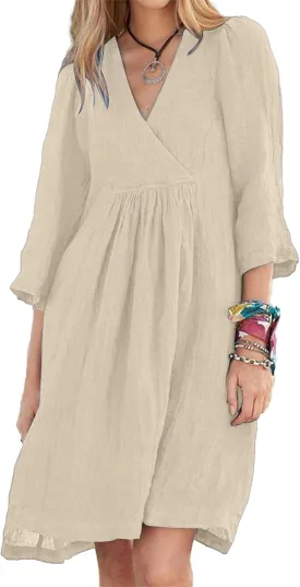 Womens Linen Dress Summer Casual A-line Dresses 3/4 Sleeve Knee Length Ruched Midi Dress V Neck Shift Dresses 2025
