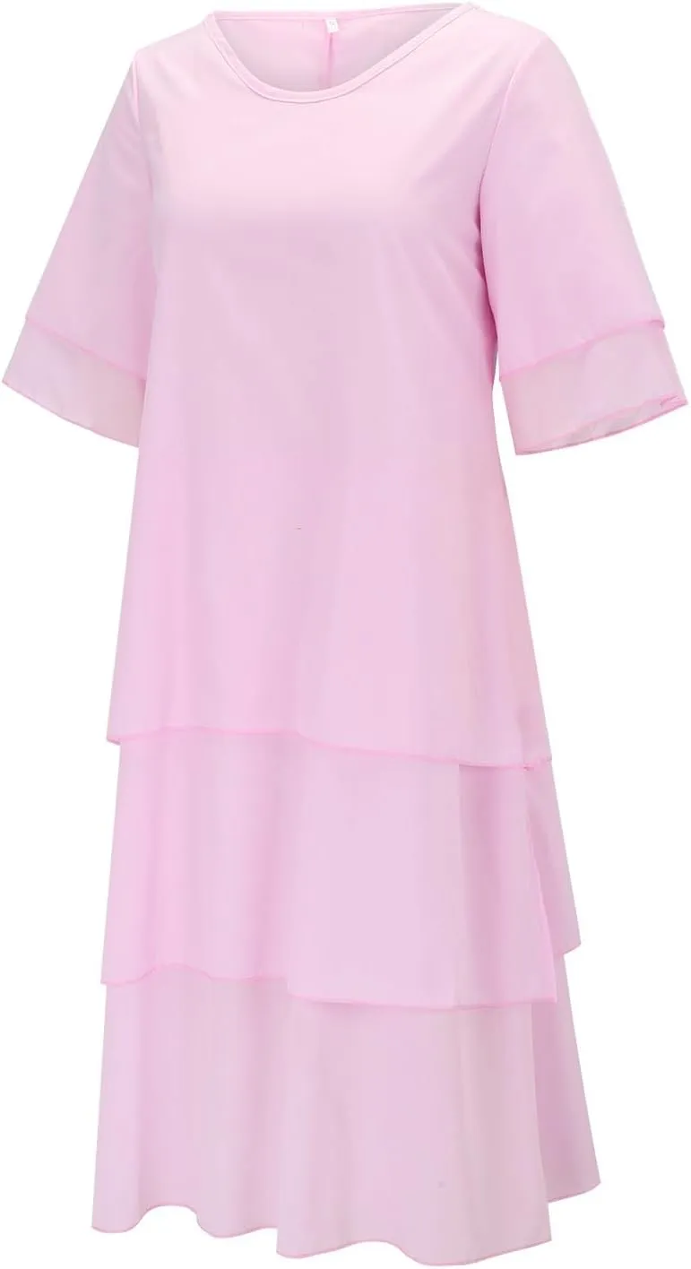 Women's Linen Dresses Layered Short Sleeve Crew Neck Dresses Loose Fit Long Dresses Summer Irregular Flowy Boho Dress