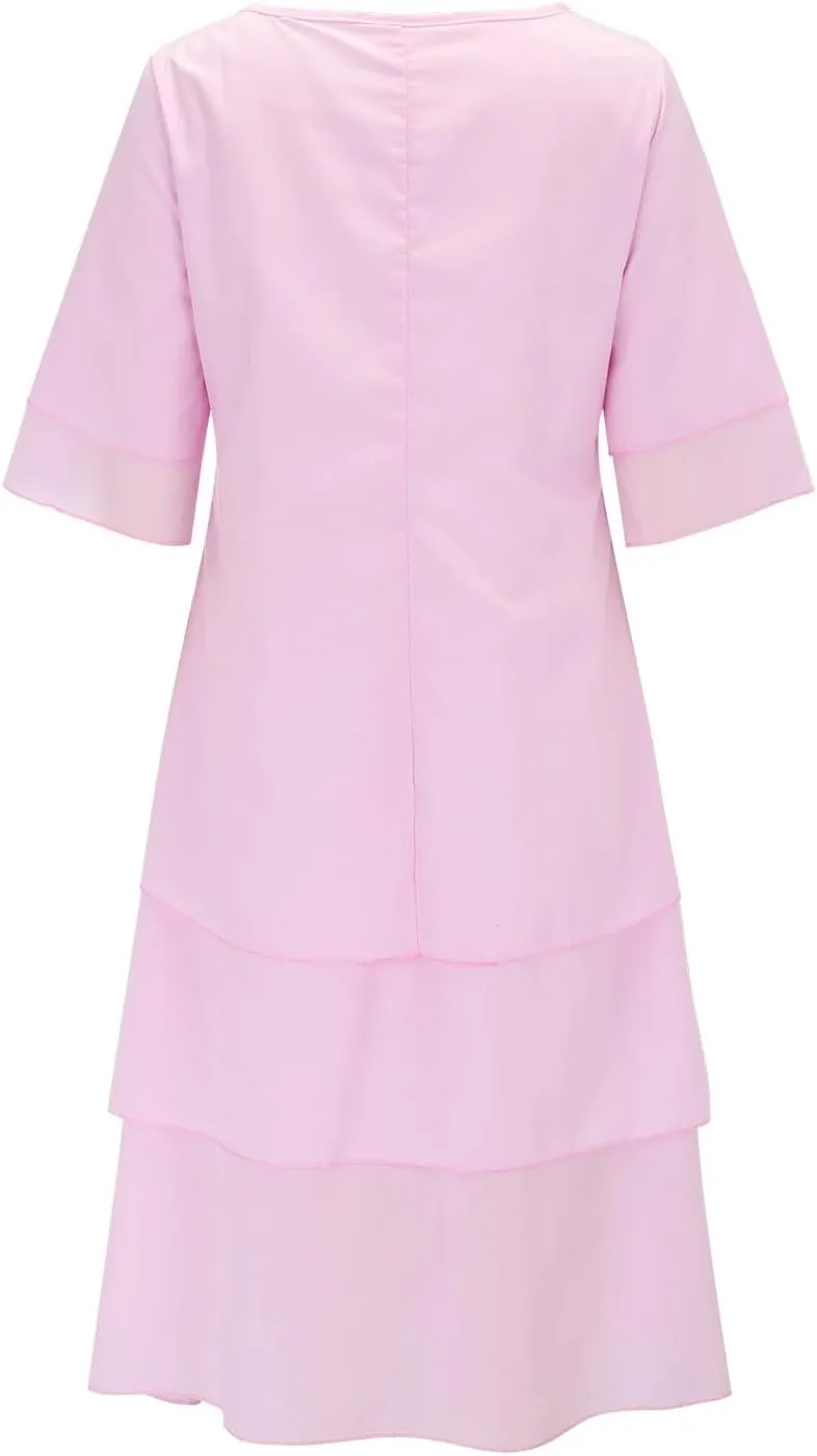 Women's Linen Dresses Layered Short Sleeve Crew Neck Dresses Loose Fit Long Dresses Summer Irregular Flowy Boho Dress
