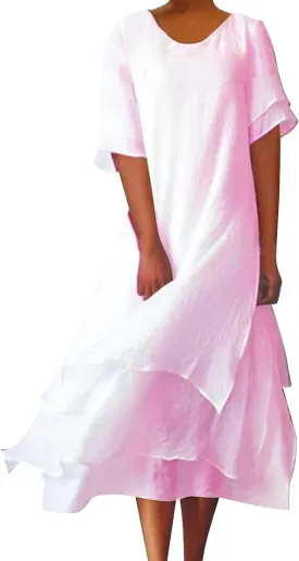 Women's Linen Dresses Layered Short Sleeve Crew Neck Dresses Loose Fit Long Dresses Summer Irregular Flowy Boho Dress